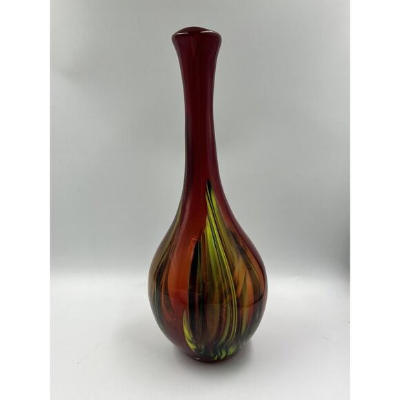 Hand Blown Art Glass Vase Red w/Yellow Green Black Swirls - Picture 1 of 6